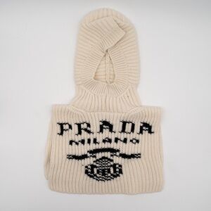 Prada intarsia-knit Logo Cashmere Neck Warmer With Hood / Scarf Balaclava White